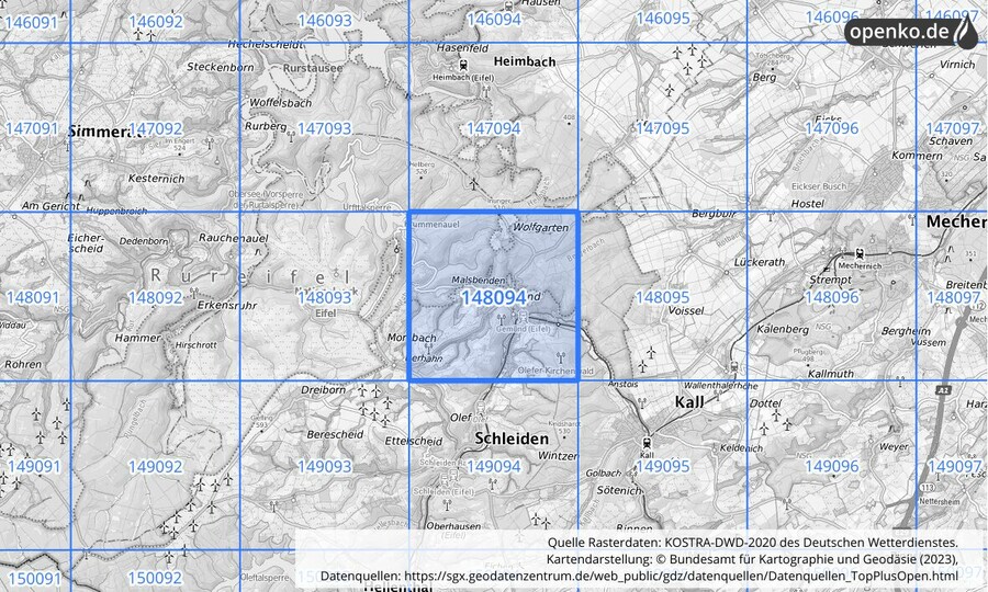 Übersichtskarte des KOSTRA-DWD-2020-Rasterfeldes Nr. 148094