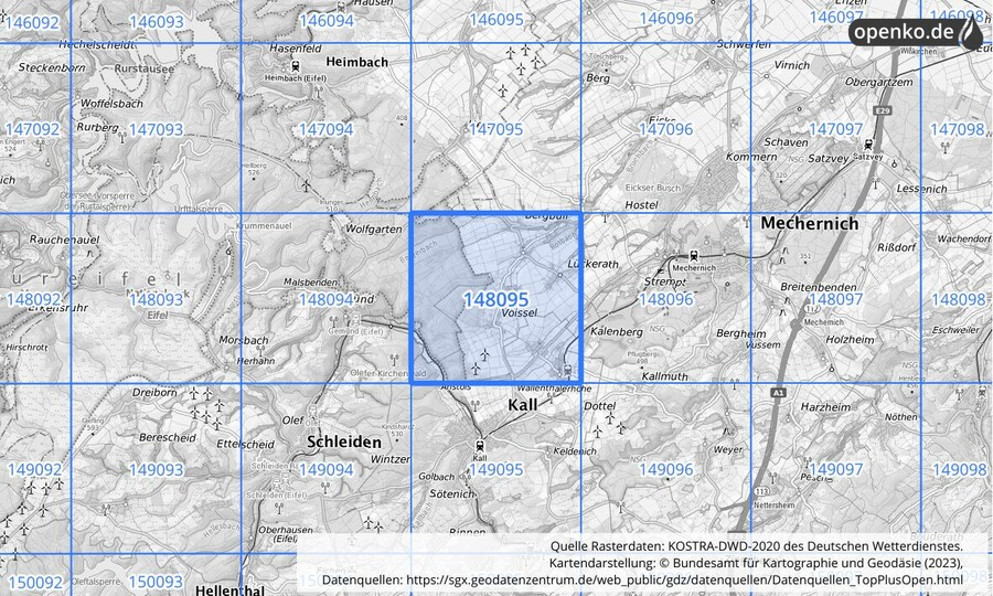 Übersichtskarte des KOSTRA-DWD-2020-Rasterfeldes Nr. 148095