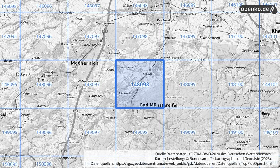 Übersichtskarte des KOSTRA-DWD-2020-Rasterfeldes Nr. 148098