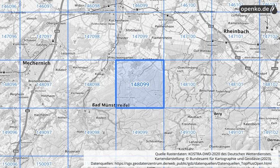 Übersichtskarte des KOSTRA-DWD-2020-Rasterfeldes Nr. 148099