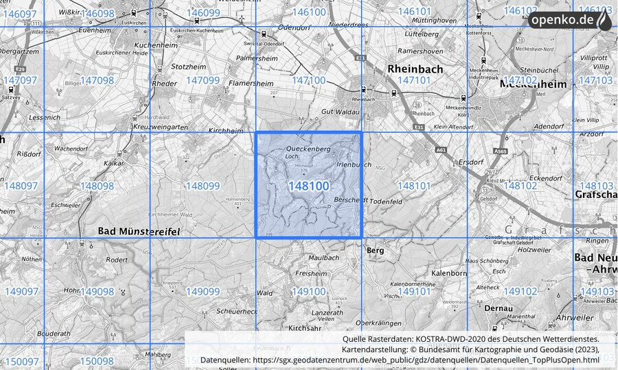 Übersichtskarte des KOSTRA-DWD-2020-Rasterfeldes Nr. 148100