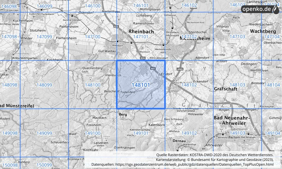 Übersichtskarte des KOSTRA-DWD-2020-Rasterfeldes Nr. 148101