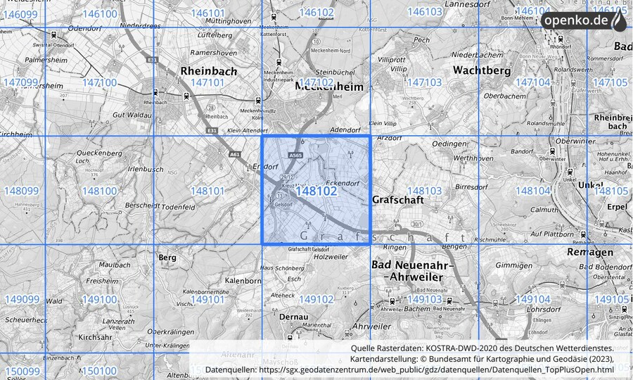 Übersichtskarte des KOSTRA-DWD-2020-Rasterfeldes Nr. 148102