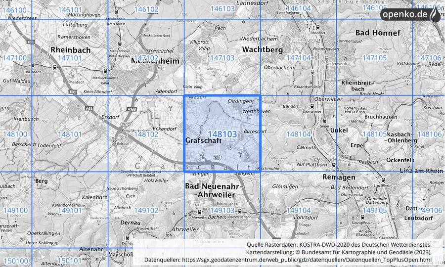 Übersichtskarte des KOSTRA-DWD-2020-Rasterfeldes Nr. 148103