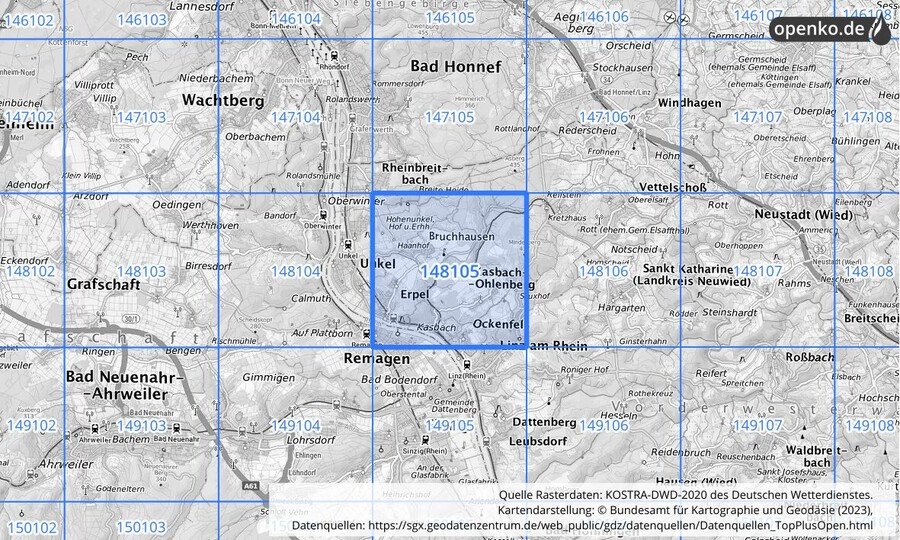 Übersichtskarte des KOSTRA-DWD-2020-Rasterfeldes Nr. 148105