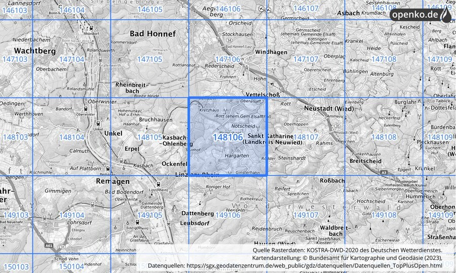 Übersichtskarte des KOSTRA-DWD-2020-Rasterfeldes Nr. 148106