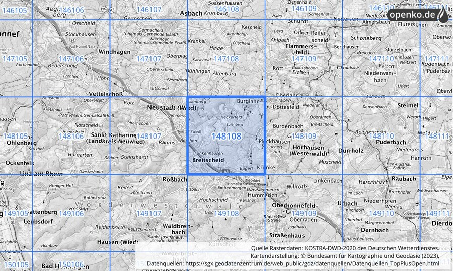 Übersichtskarte des KOSTRA-DWD-2020-Rasterfeldes Nr. 148108