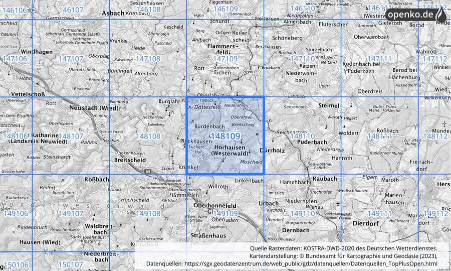 Übersichtskarte des KOSTRA-DWD-2020-Rasterfeldes Nr. 148109