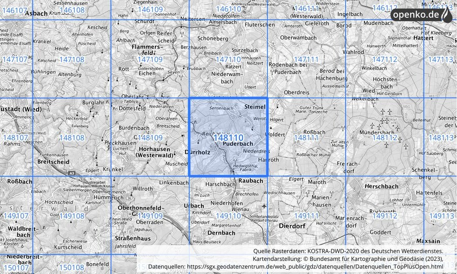 Übersichtskarte des KOSTRA-DWD-2020-Rasterfeldes Nr. 148110