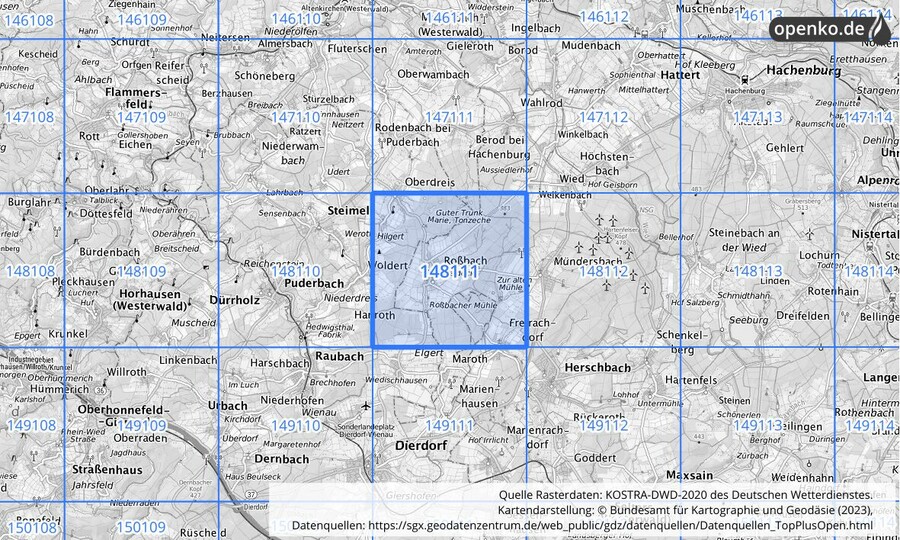 Übersichtskarte des KOSTRA-DWD-2020-Rasterfeldes Nr. 148111