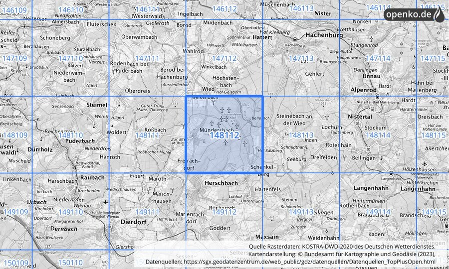 Übersichtskarte des KOSTRA-DWD-2020-Rasterfeldes Nr. 148112