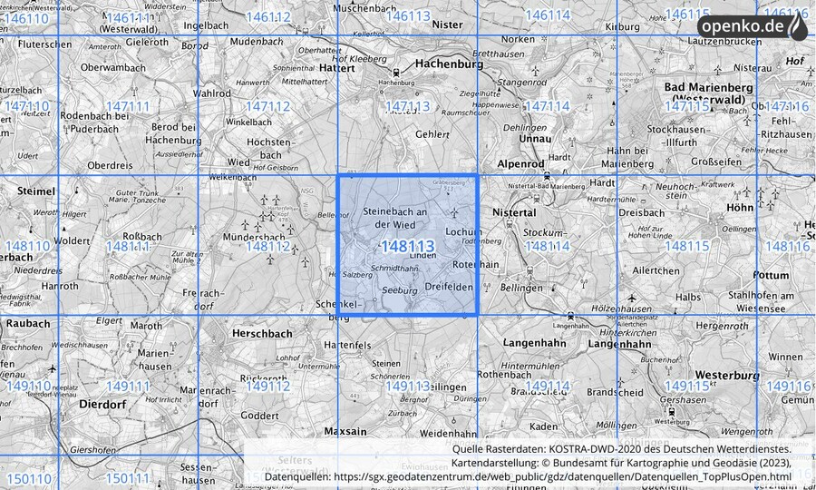 Übersichtskarte des KOSTRA-DWD-2020-Rasterfeldes Nr. 148113