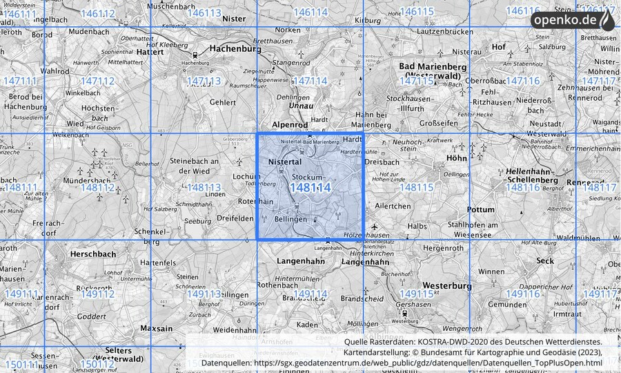 Übersichtskarte des KOSTRA-DWD-2020-Rasterfeldes Nr. 148114