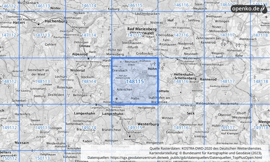 Übersichtskarte des KOSTRA-DWD-2020-Rasterfeldes Nr. 148115