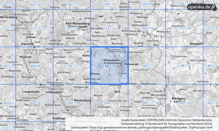 Übersichtskarte des KOSTRA-DWD-2020-Rasterfeldes Nr. 148116