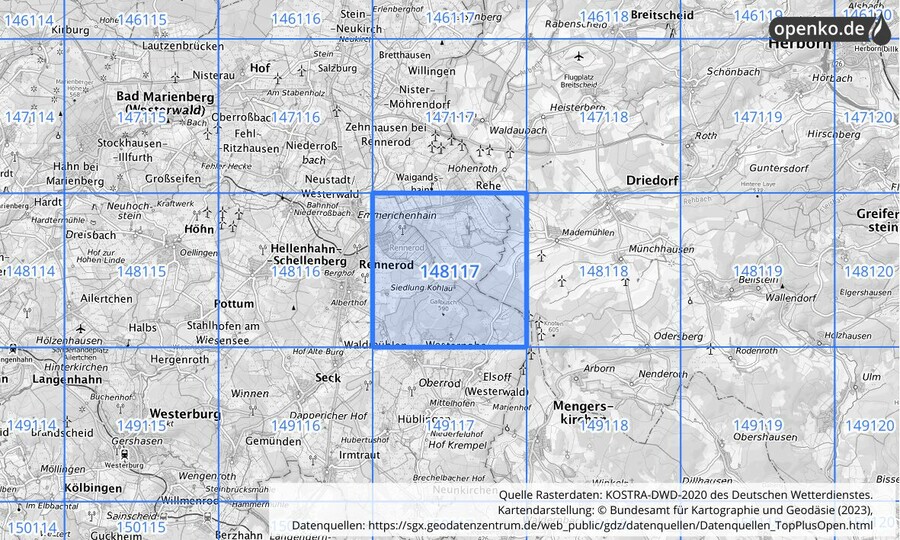Übersichtskarte des KOSTRA-DWD-2020-Rasterfeldes Nr. 148117