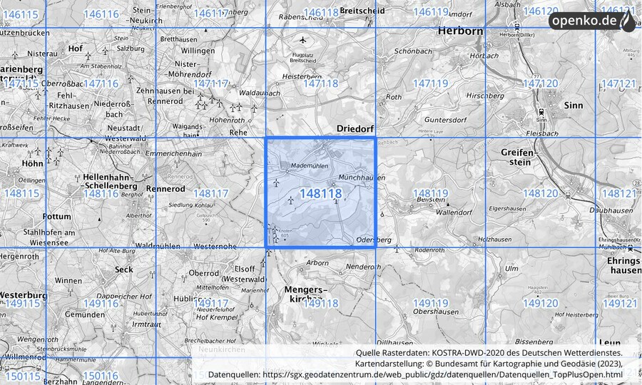 Übersichtskarte des KOSTRA-DWD-2020-Rasterfeldes Nr. 148118
