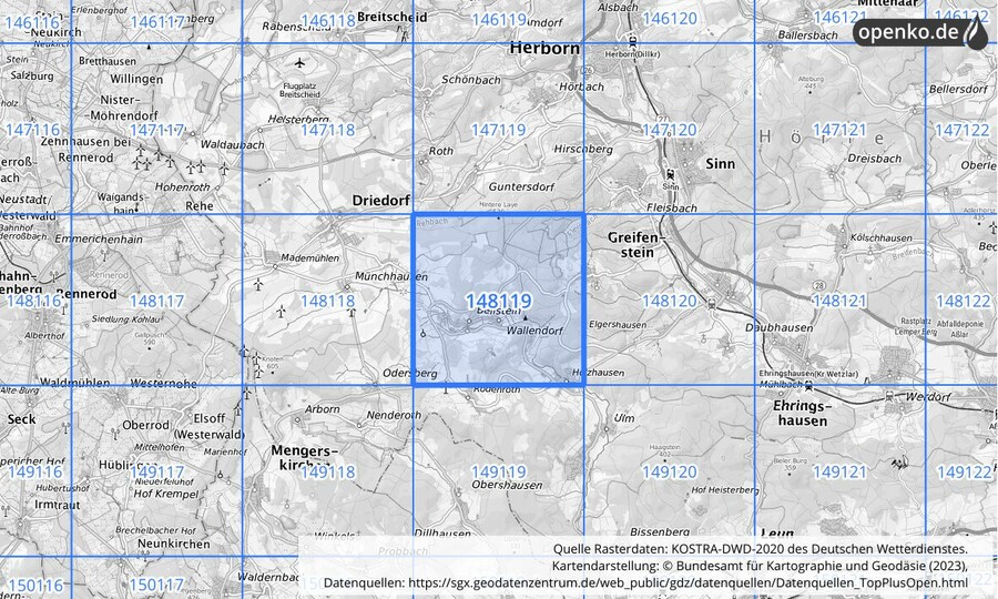 Übersichtskarte des KOSTRA-DWD-2020-Rasterfeldes Nr. 148119