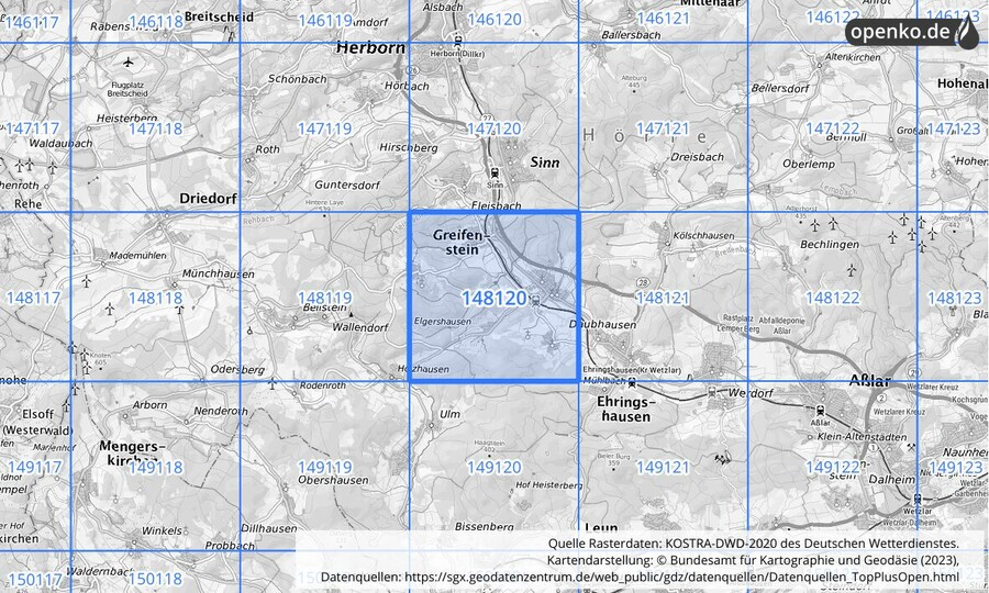 Übersichtskarte des KOSTRA-DWD-2020-Rasterfeldes Nr. 148120