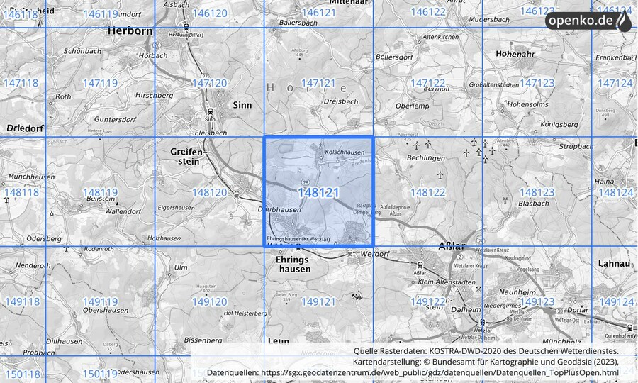 Übersichtskarte des KOSTRA-DWD-2020-Rasterfeldes Nr. 148121