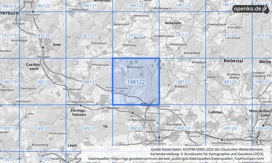 Übersichtskarte des KOSTRA-DWD-2020-Rasterfeldes Nr. 148122