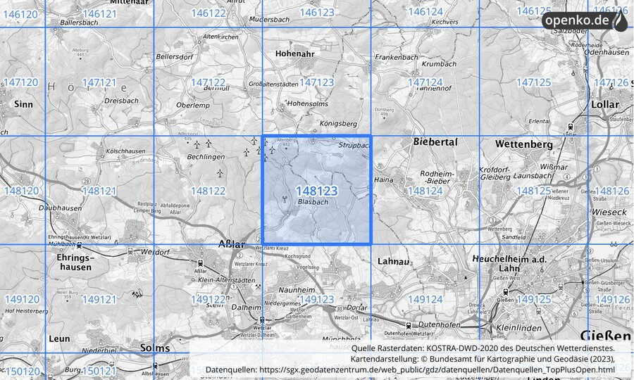 Übersichtskarte des KOSTRA-DWD-2020-Rasterfeldes Nr. 148123