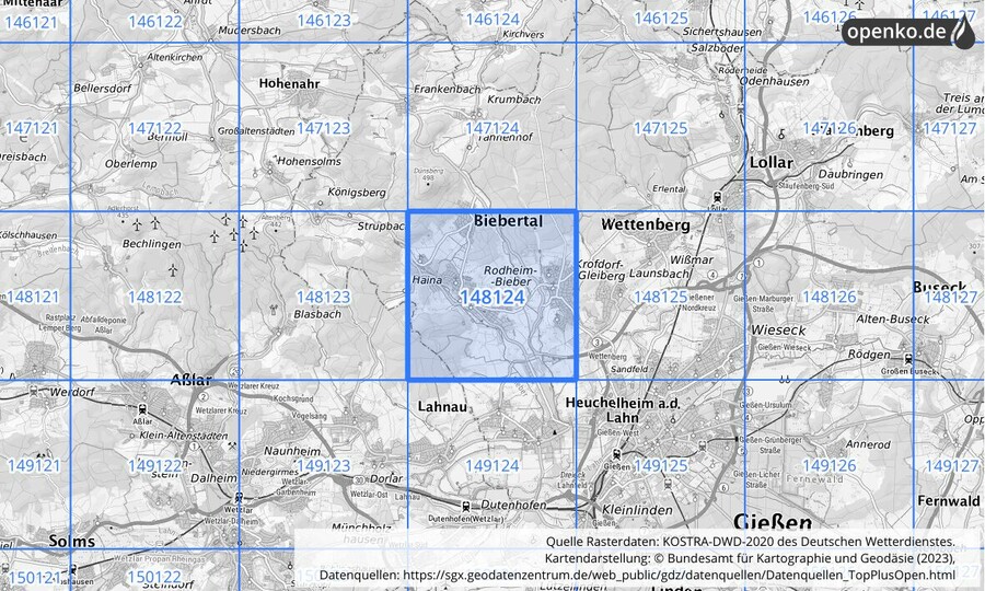 Übersichtskarte des KOSTRA-DWD-2020-Rasterfeldes Nr. 148124