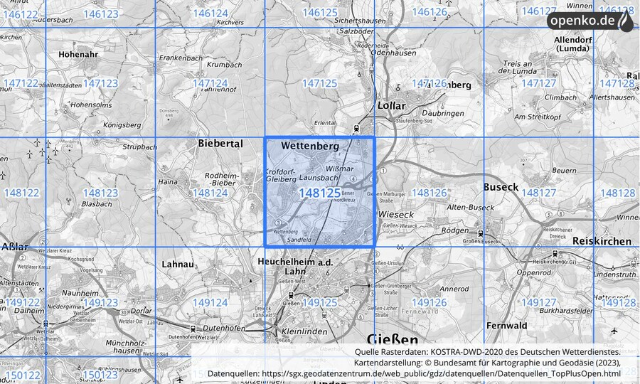 Übersichtskarte des KOSTRA-DWD-2020-Rasterfeldes Nr. 148125