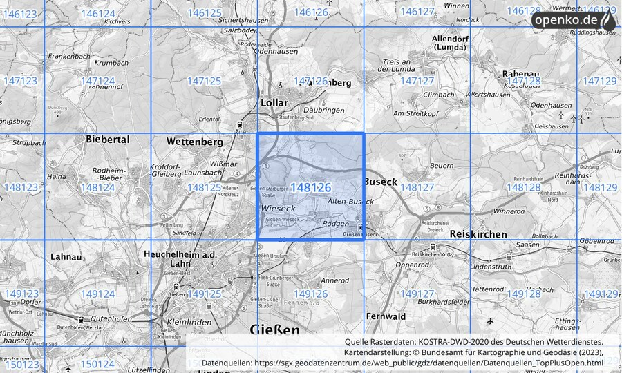 Übersichtskarte des KOSTRA-DWD-2020-Rasterfeldes Nr. 148126