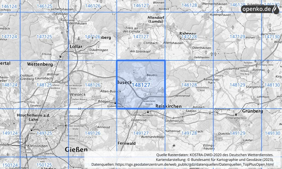 Übersichtskarte des KOSTRA-DWD-2020-Rasterfeldes Nr. 148127