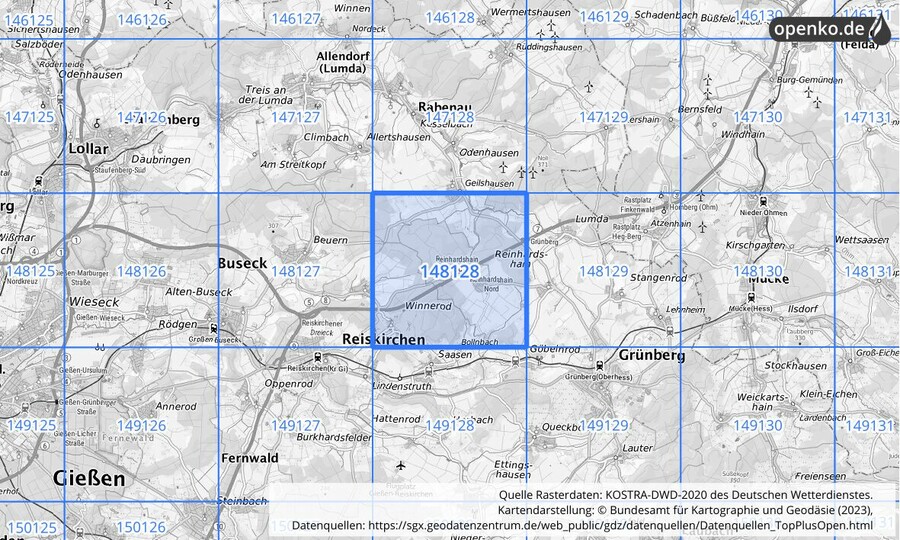 Übersichtskarte des KOSTRA-DWD-2020-Rasterfeldes Nr. 148128
