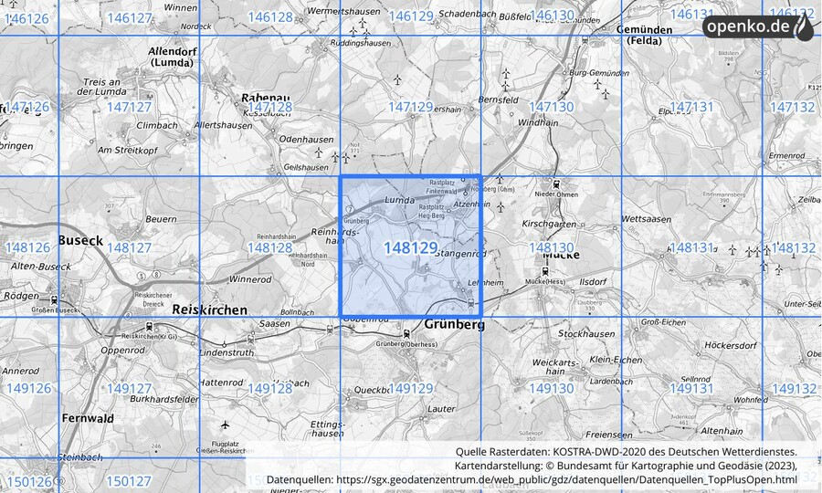 Übersichtskarte des KOSTRA-DWD-2020-Rasterfeldes Nr. 148129