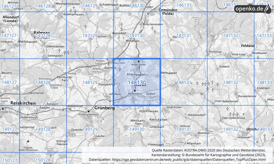 Übersichtskarte des KOSTRA-DWD-2020-Rasterfeldes Nr. 148130
