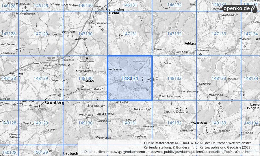 Übersichtskarte des KOSTRA-DWD-2020-Rasterfeldes Nr. 148131