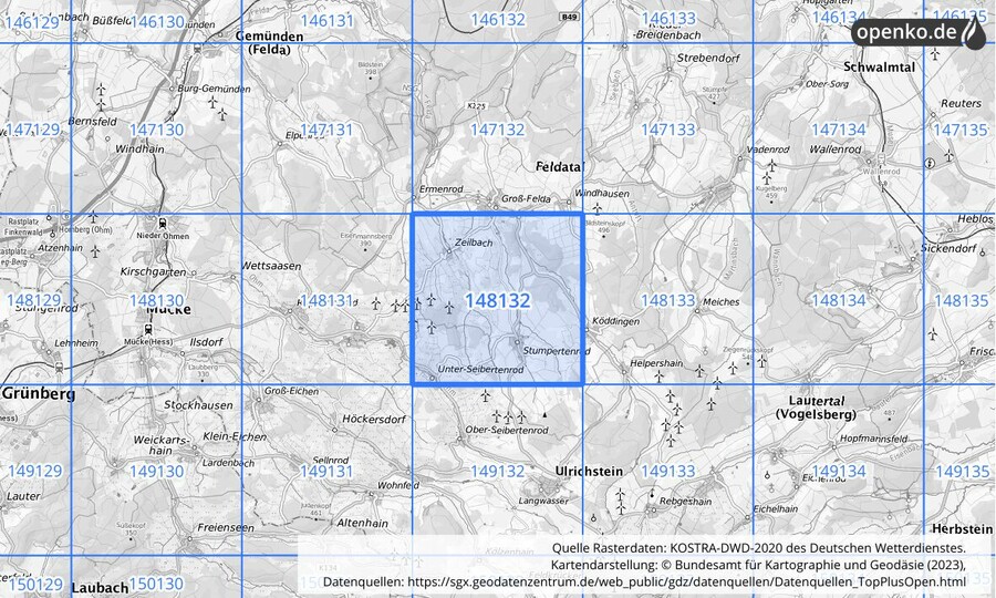 Übersichtskarte des KOSTRA-DWD-2020-Rasterfeldes Nr. 148132