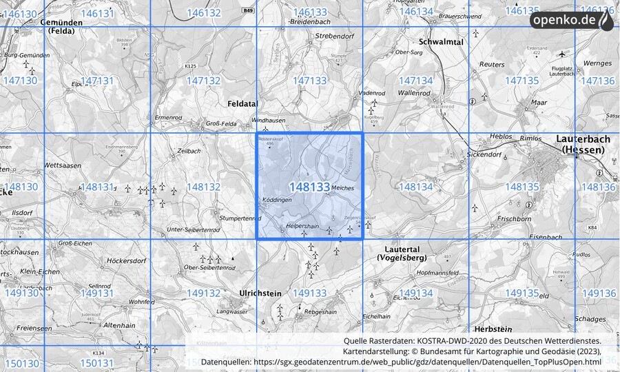 Übersichtskarte des KOSTRA-DWD-2020-Rasterfeldes Nr. 148133