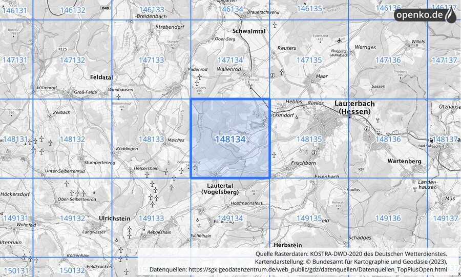 Übersichtskarte des KOSTRA-DWD-2020-Rasterfeldes Nr. 148134