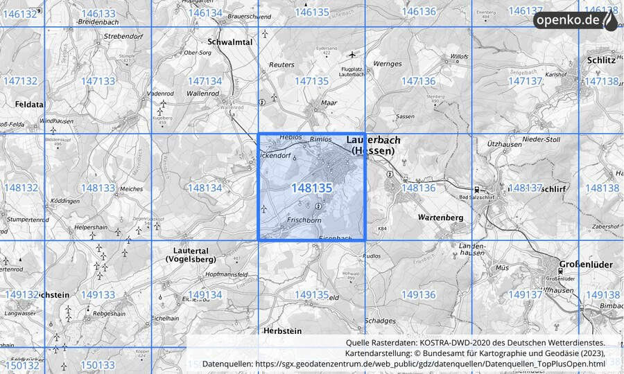 Übersichtskarte des KOSTRA-DWD-2020-Rasterfeldes Nr. 148135