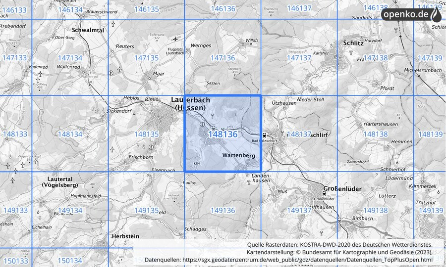 Übersichtskarte des KOSTRA-DWD-2020-Rasterfeldes Nr. 148136