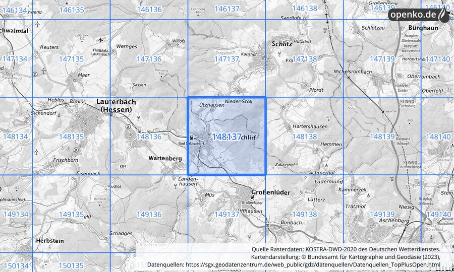 Übersichtskarte des KOSTRA-DWD-2020-Rasterfeldes Nr. 148137