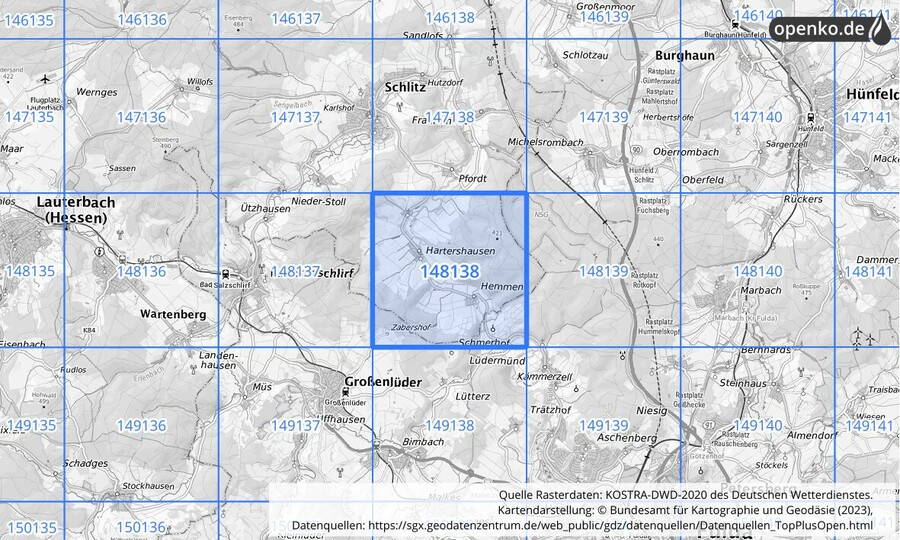 Übersichtskarte des KOSTRA-DWD-2020-Rasterfeldes Nr. 148138