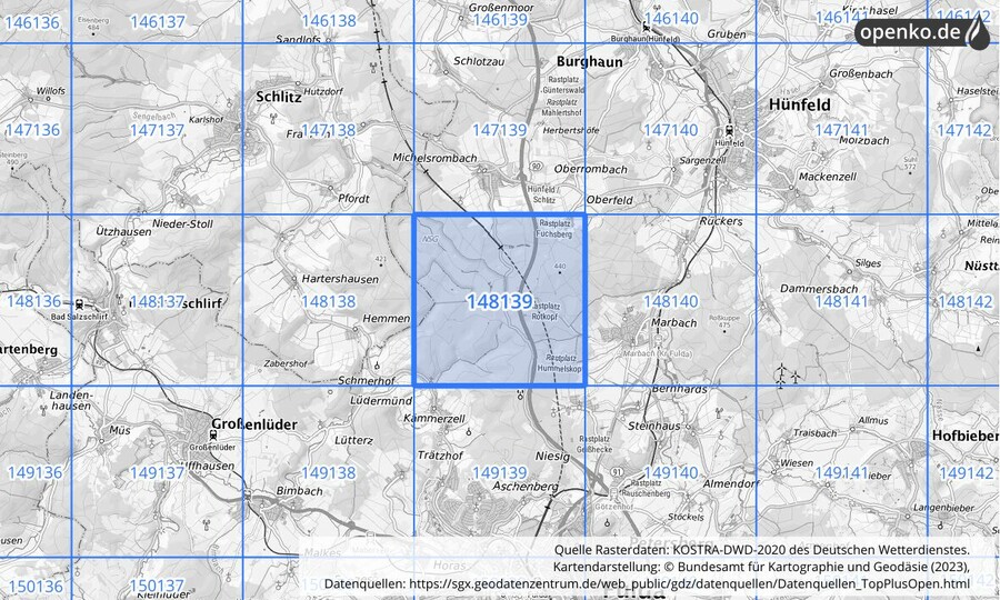 Übersichtskarte des KOSTRA-DWD-2020-Rasterfeldes Nr. 148139