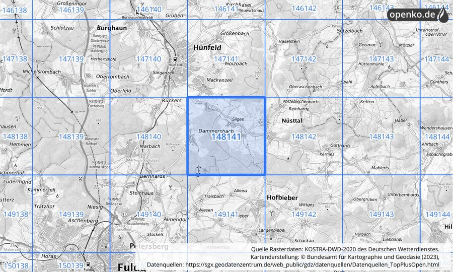 Übersichtskarte des KOSTRA-DWD-2020-Rasterfeldes Nr. 148141