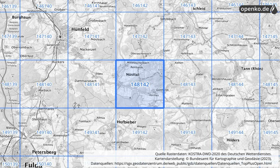 Übersichtskarte des KOSTRA-DWD-2020-Rasterfeldes Nr. 148142