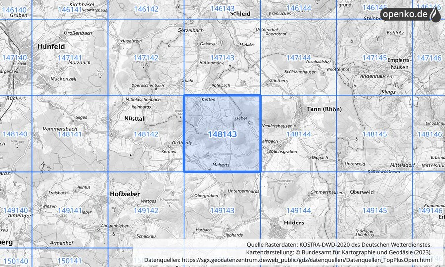 Übersichtskarte des KOSTRA-DWD-2020-Rasterfeldes Nr. 148143