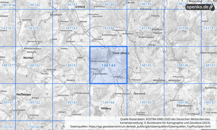 Übersichtskarte des KOSTRA-DWD-2020-Rasterfeldes Nr. 148144