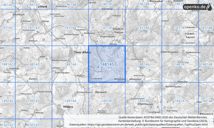 Übersichtskarte des KOSTRA-DWD-2020-Rasterfeldes Nr. 148145