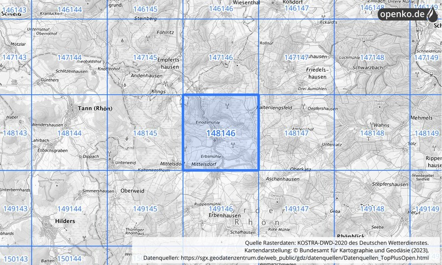 Übersichtskarte des KOSTRA-DWD-2020-Rasterfeldes Nr. 148146