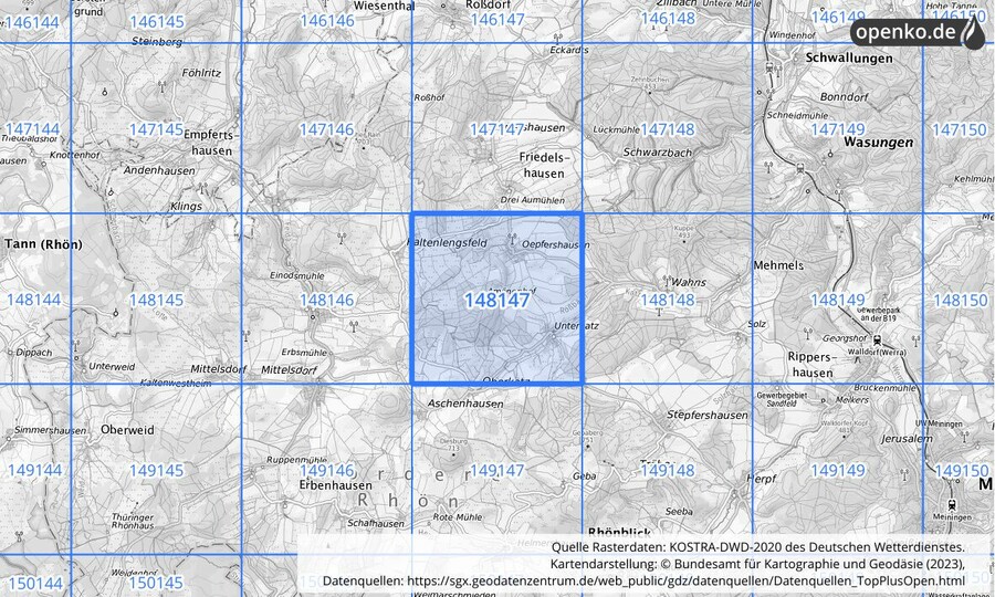 Übersichtskarte des KOSTRA-DWD-2020-Rasterfeldes Nr. 148147