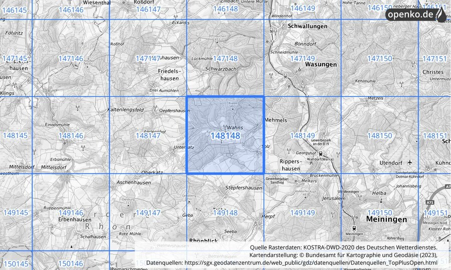 Übersichtskarte des KOSTRA-DWD-2020-Rasterfeldes Nr. 148148